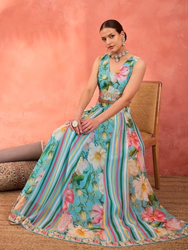 Shae by SASSAFRAS Women's Georgette Lehenga Choli (SHSET96357_Blue_XXL)