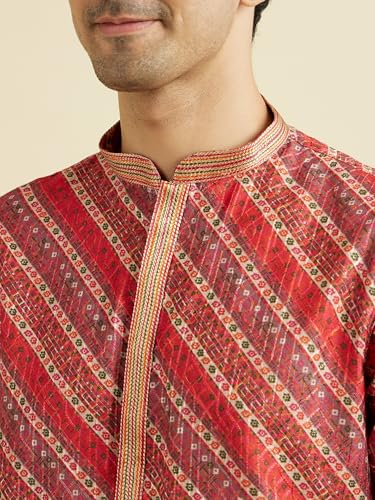 Manyavar Men's Cotton Blend Diagonal Print Kurta Pyjama Set (Orange,M)