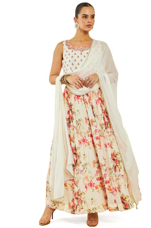 Soch Womens Off White Georgette Gown With Floral Print And Embroidery