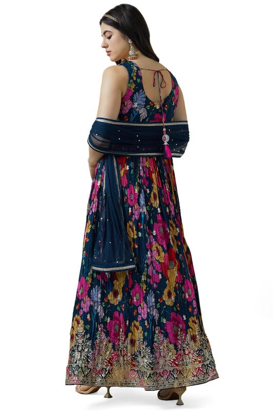 Soch Womens Navy Blue Chinon Blend Botanical Print Alia Cut Gown