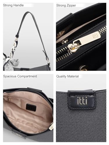 ITTI Alexi Shoulder Bag for Women | Soft Lightweight Medium Bag with 3 Compartments | Adjustable Strap & Decorative Scarf | Everyday & Casual Use (BLACK)