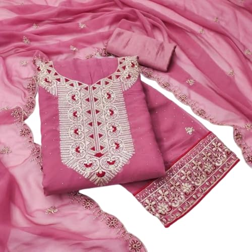 VARNI FABRICS Georgette Dress Material for Women Embroidered Unstitched Woman Salwar Suit Dress Material With Georgette Dupatta Magenta pink