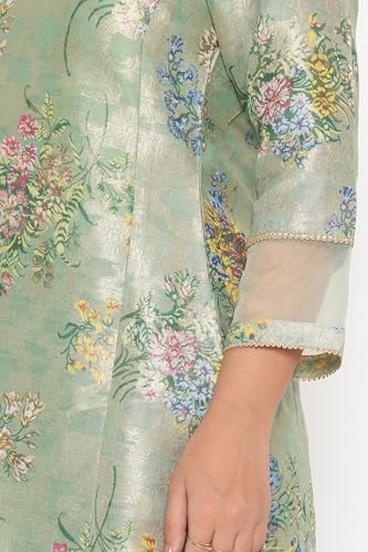 W for Woman Mint Green Printed Jacquard A-line Kurta, Straight Pant and Dupatta Set (Size: M)-WS13230-126423