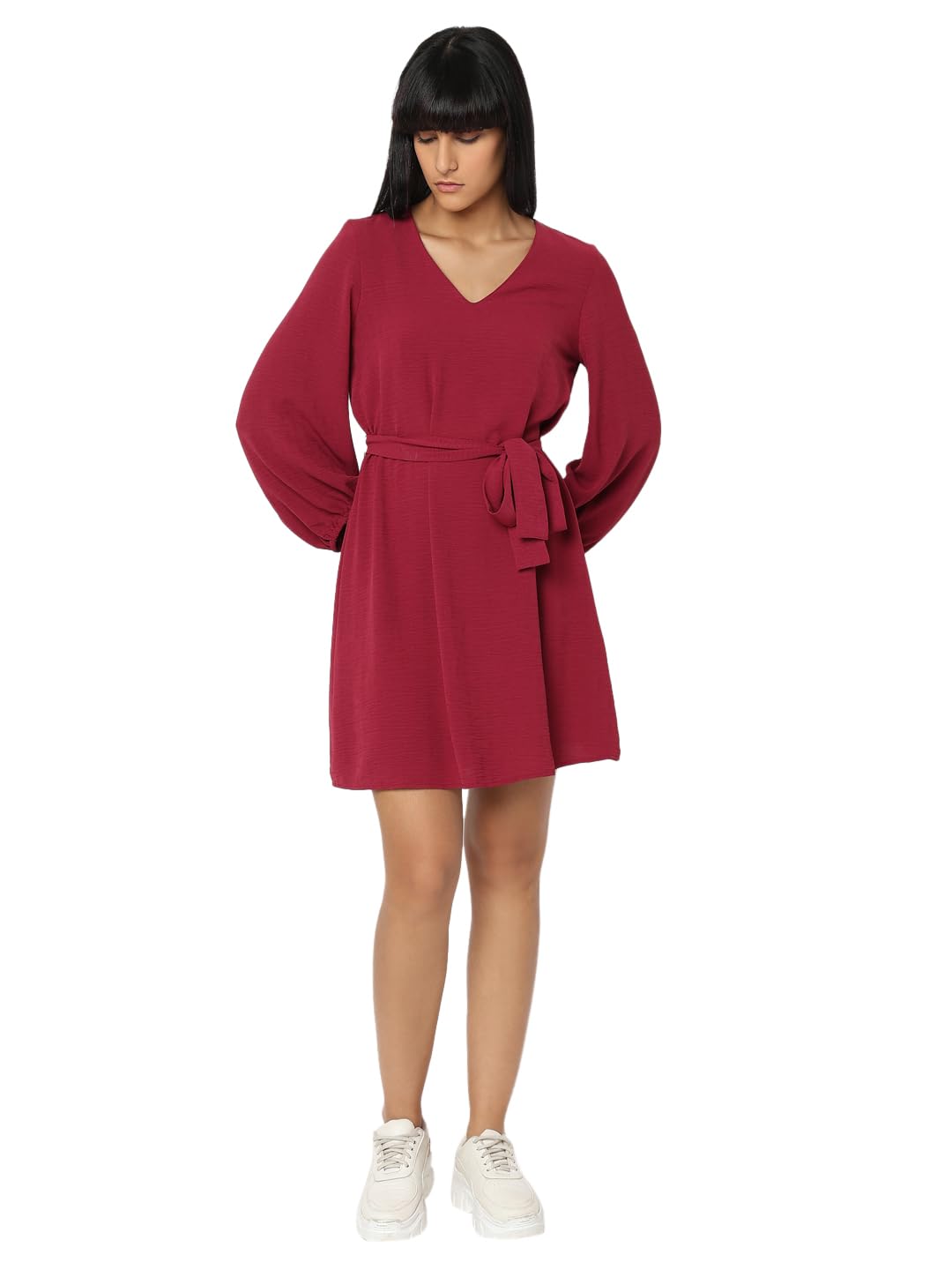 VERO MODA ' Women's' Polyester A-Line Above The Knee Dress (10315116-Red Plum_Red