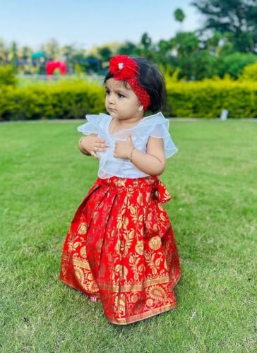 Sashay Boutique Girl's Silk Readymade Lehenga Choli (UFB-2022_Red And White_6 Years-7 Years)