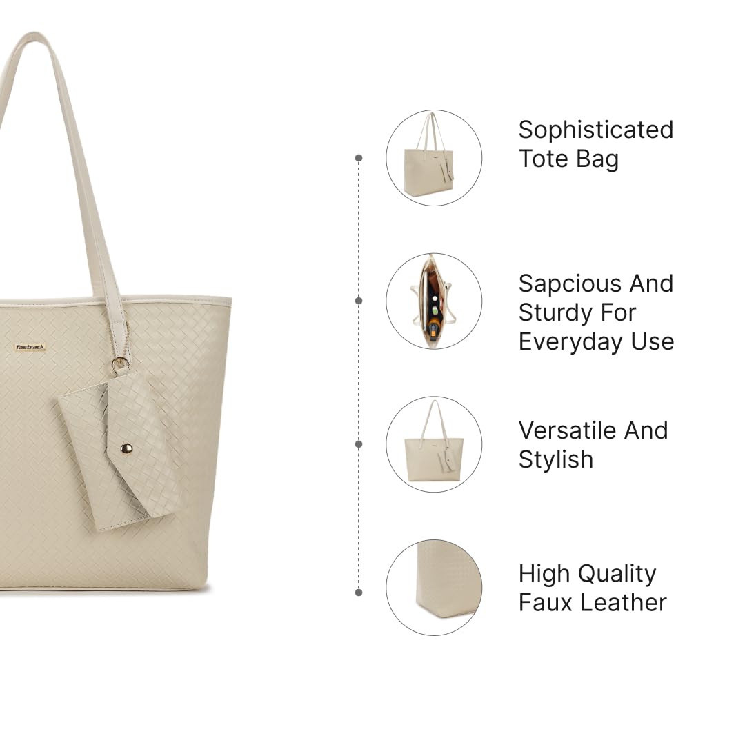 Fastrack Premium Leather Tote Bag For Womens, Ladies And Girls | Embossed Textured Tote Bag For Womens And Girls | Handbag With Spacious Interior And Sturdy Straps, Beige