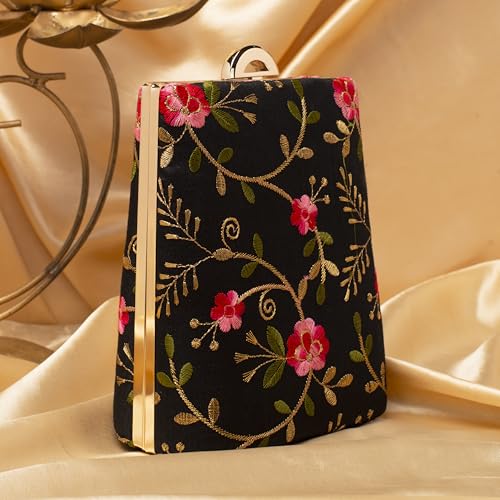 Artklim Black Based Pink Floral Embroidery Clutch Bag for Women