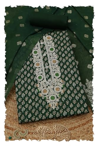 Soch Womens Green Jam Cotton Floral Print Unstitch Dress Material With Zari