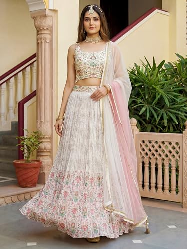 Zeel Clothing Women's Floral Printed Georgette New Lehenga Choli with Dupatta (5081-White-Women-New-Lehenga-Choli; Free Size)