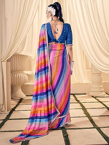AKHILAM Women's Georgette Multicolored Embellished Designer Saree With Blouse Piece(SAWAN1004_SS)