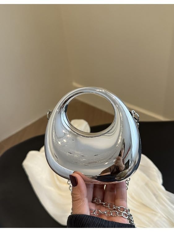 DOSYSO Women and Girls Moon Clutch Purse Acrylic Evening Handbag Crossbody Sling Bags With Detachable Chain Strap Glossy Stylish Latest Small Size Cute Wallet Party Wedding Gift Item (Glossy Silver)