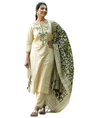 Kurthnic Women South Cotton Embroidered Kurta with Pant & Dupatta Green 4XL