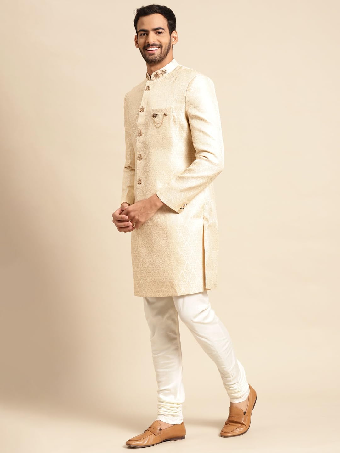KISAH Sherwani Set with Dupatta for Men – Textured Silk Blend Jacquard Sherwani, Churidar & Dupatta | Traditional Indian Outfit for Weddings, Receptions & Festivals, White, 42