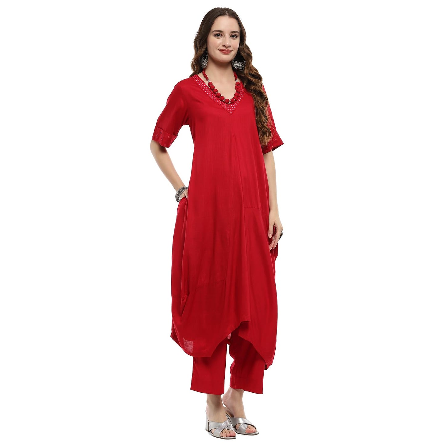 BIBA Women's Burgundy Rayon Asymmetric Suit Set (SKDNORNI9869AW24BUR_Maroon