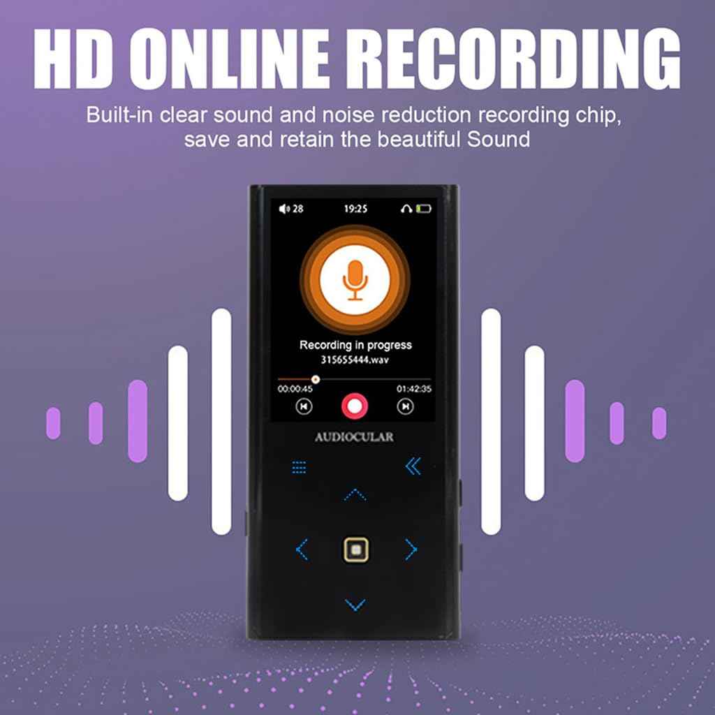 AUDIOCULAR M21 32GB Portable Mp3 Music Player with Bluetooth, 2.4” LCD Touch Screen, Video Playback, Built-in Speaker, Voice Recording Function, Pedometer, Mini Pocket Mp3 Player (32GB - Black)