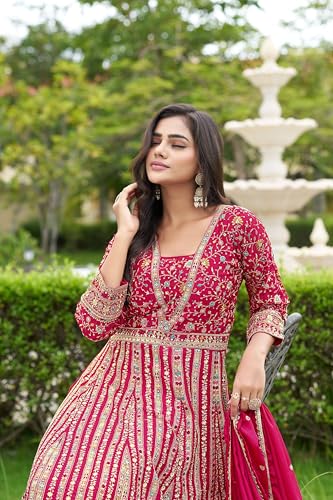 Miss Ethnik Women's Pink Chinon Stitched Gown With Dupatta Full Sleeve Embroidered Anarkali Gown (MER-1275-Pink-3XL)