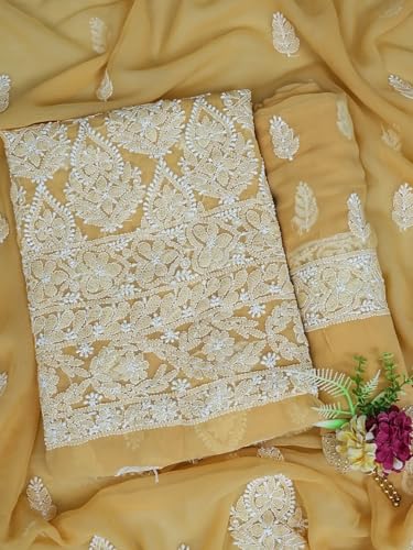 Ada Hand Embroidered Lucknowi Chikankari Unstitched Georgette Dress Material Suit Piece with Dupatta for Women 01A835660 Fawn