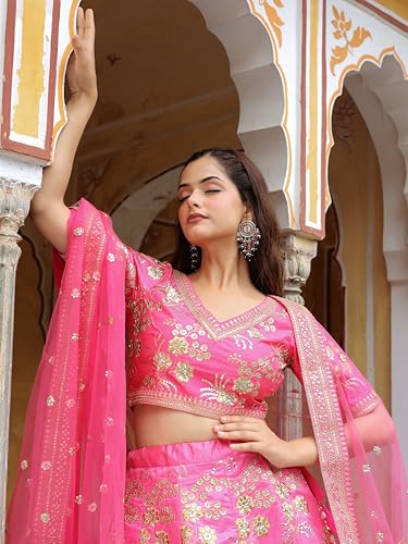 Zeel Clothing Women's Zari and Sequins Embroidered Art Silk Lehenga Choli for Women (7028-Pink-Wedding-Bridal-Designer-Lehenga-Choli-Latest; Free Size) (Pink)