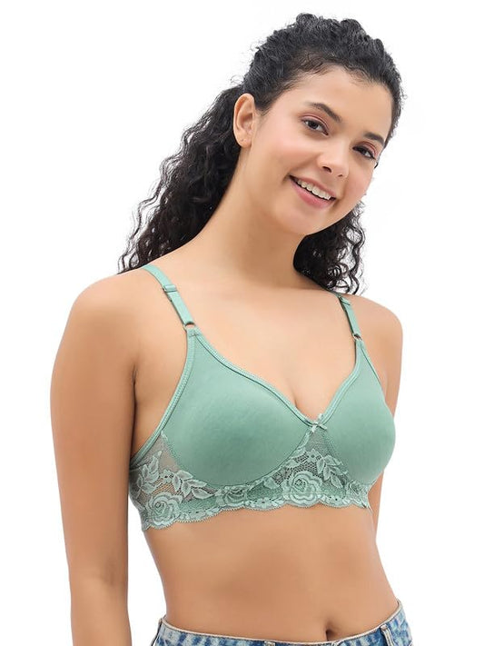 Clovia Women's Cotton Solid Non-Padded Full Cup Wire Free T-Shirt Bra - Green