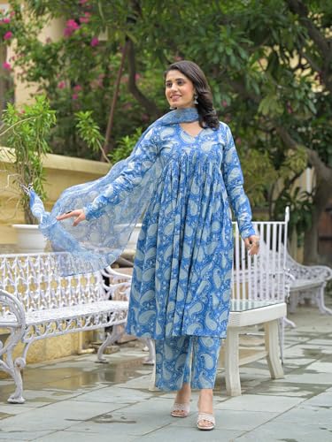 Divena Blue Cotton Paisley Printed Kurta Pant Set With Dupatta