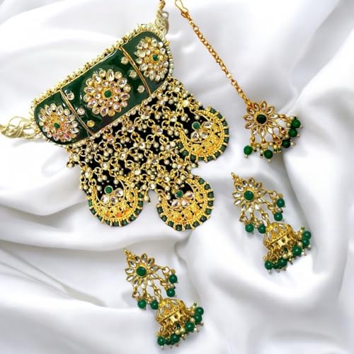 ACCESSHER Gold Plated Green Meenakari Rajwadi Style Choker Set with Earrings & Maangtikka with a Pair of Transparent Maagtikka Supporter Patch | For Women & Girls