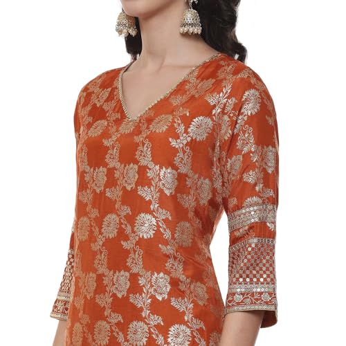 BIBA Women YARNDYED Straight SALWAR KURTA DUPATTA(SKDBANARASI8969_RUST_34)