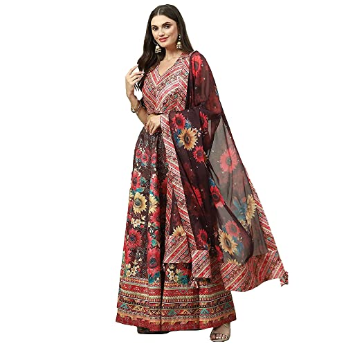 BIBA WOMEN PRINTED FLARED SALWAR KURTA DUPATTA(SKDASSORTED8199_CHOCO BROWN_38)
