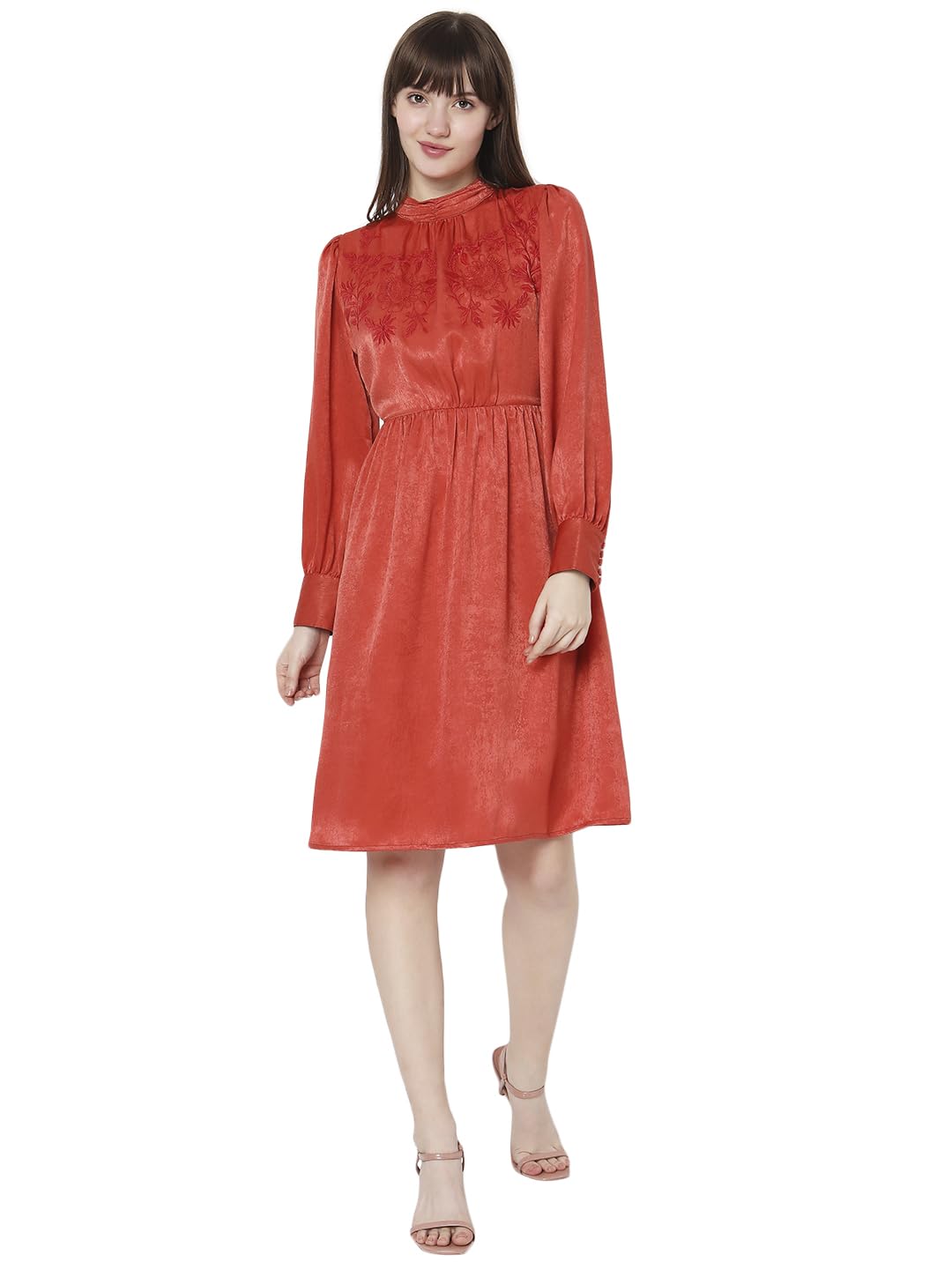 VERO MODA Women's Polyester A-Line Knee-Length Dress (10299553-Burnt Sienna_Burnt M) Orange