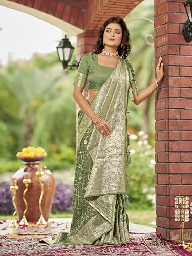 MANOHARI Women's Most Trendy Banarasi Satin Silk Woven Olive Green Saree With Heavy Jacquard Work Saree With Blouse Piece_MN2031
