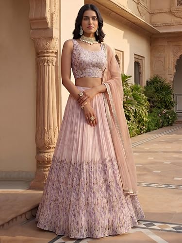 Zeel Clothing Digital Print Mirror Hand Work Georgette Lehenga Choli with Dupatta (5100-Beige-Women-Stylish-Lehenga-Choli; Free Size)