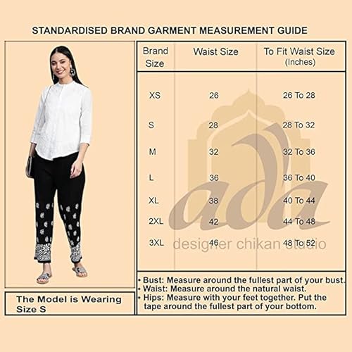 Ada Hand Embroidered Lucknow Chikankari Viscose Loose Fit Palazzo Pant Culottes for Women A711190 White (XS)