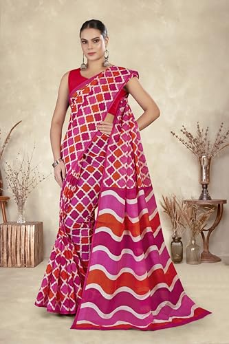 TAMAIRA FASHION Women's Printed Pure Cotton Mulmul Saree Without Blouse Piece(2487_Red&Pink)