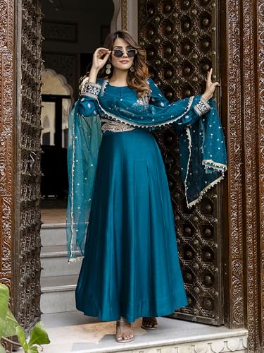 TRENDMALLS Women's Art Silk Embroidery Work Anarkali Kurta Pant with Net Dupatta Set For Women (G333-Morpeach-3XL)