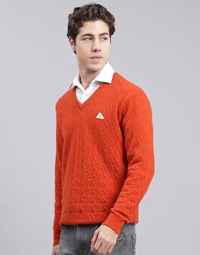 Monte Carlo Orange Mix Self Design V Neck Pullover