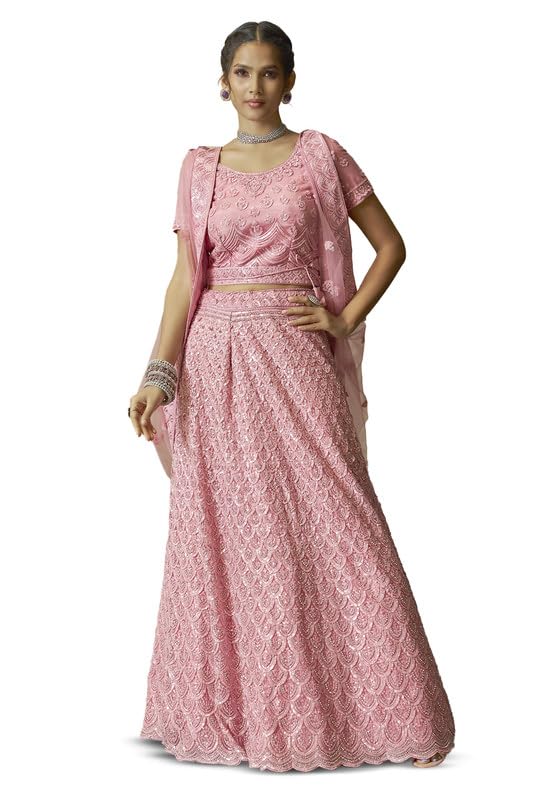Soch Womens Pink Net All-Over Sequin Embellished Unstitched Lehenga Set with Belt
