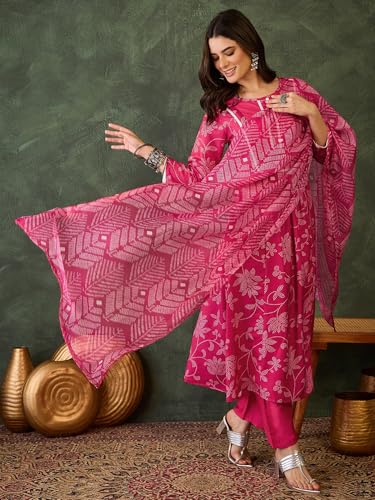 VARNI FABRIC Rayon Kurta Set for Women |Full Sleeves Floral Printed A-Line Kurta Set | Woman Salwar Suit with Pant & Dupatta | Festive Wedding Ethnic Wear | Prefect for Office Summer | Rani | 3XL