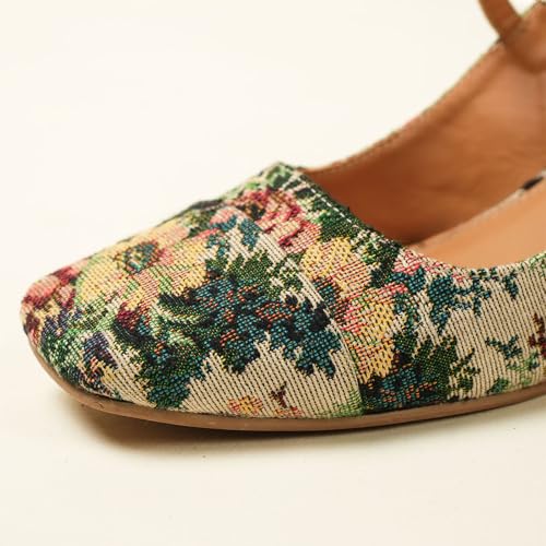 Theater Women Twiggy Multi-Color Floral Mary Jane Heels | Square Toe Slingback Block Heel Sandals with Adjustable Strap | Comfortable & Stylish Shoes for Office, Party & Casual Wear
