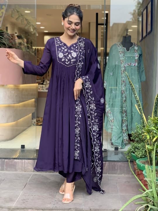 CICICA Salwar Suit Set With Dupatta For Women | Anarkali Chinon | Embroidery Set | Embroidered Suits | Flared Dress | Violet Kurta Set | Three Piece