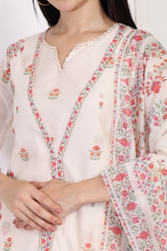 W for Woman Off-White Floral Print Lace Straight Kurta with Inner Flared Pant and Dupatta Set (WS13083-126482-S)