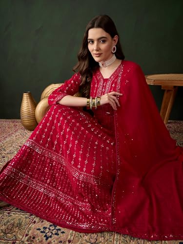 Miss Ethnik Women's Pink Faux Georgette Stitched Top with Unstitched Santoon Bottom and Faux Georgette Dupatta Full Sleeve Embroidered Anarkali Gown (MEY-1106-Pink-XL)