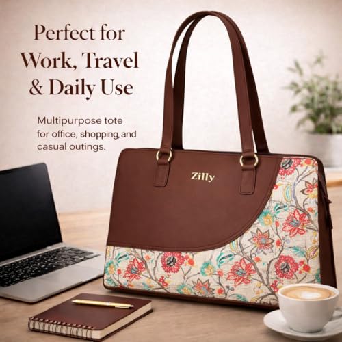 Zilly Women’s Office Essential Tote Bag |Handcrafted Vegan Leather | Elegant Work & Laptop Shoulder Bag | Malligai Blossom pattern