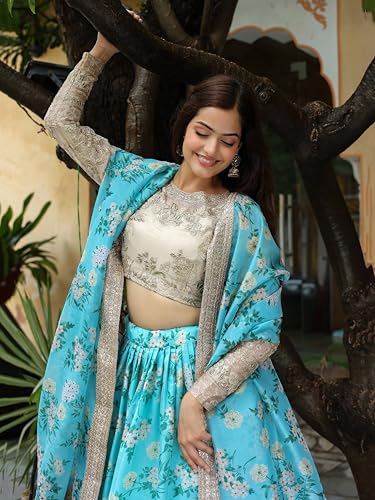 Zeel Clothing Women's Digital Print & Dori, Zari, and Sequins Embroidery Work Organza Lehenga Choli With Dupatta (7606-SkyBlue-Wedding-Women-Lehenga-Choli, Free Size) (SkyBlue)