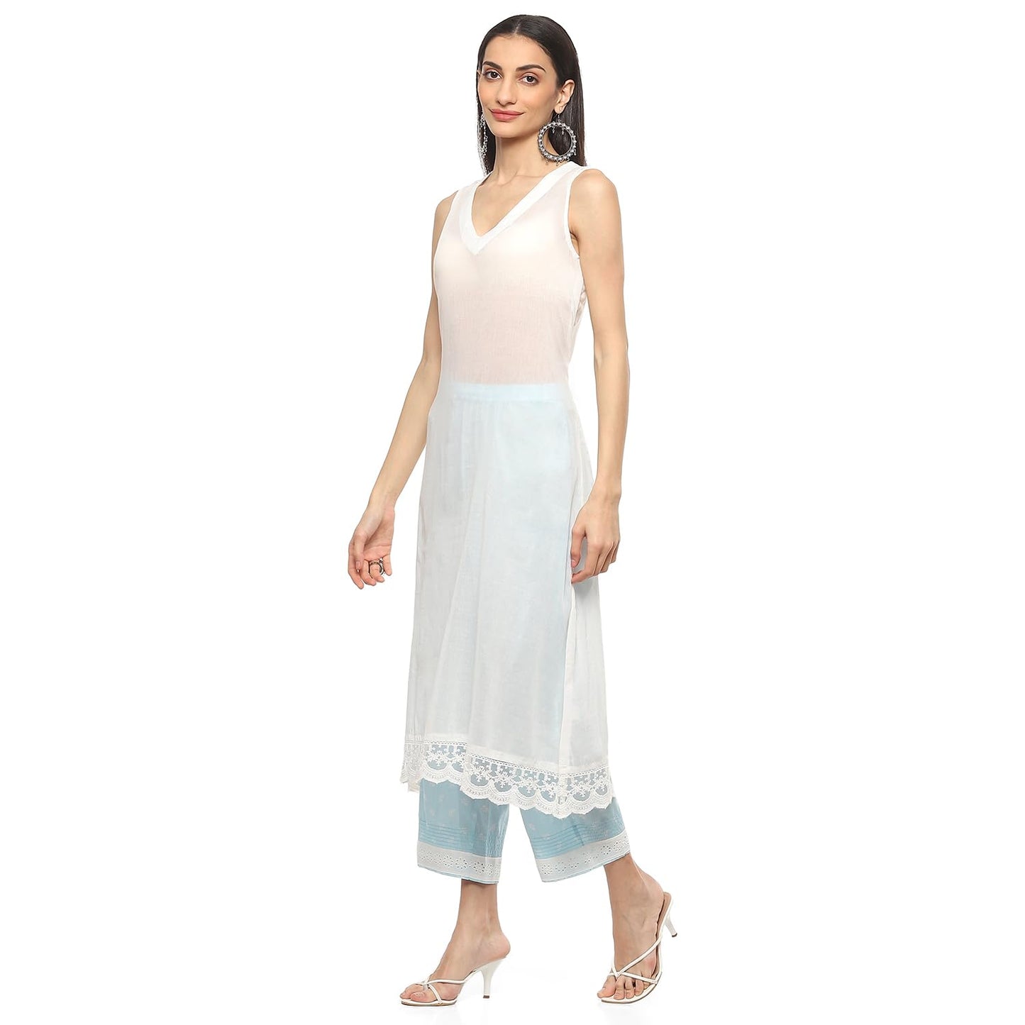 BIBA Cotton Women Printed Layered Salwar Kurta Dupatta(Skd9473_Off White/Blue_42)