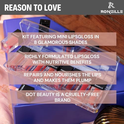 Ronzille Tinted Lip Gloss Non Sticky & Non Drying Formula, Long Lasting Moisturizing-Set of 8