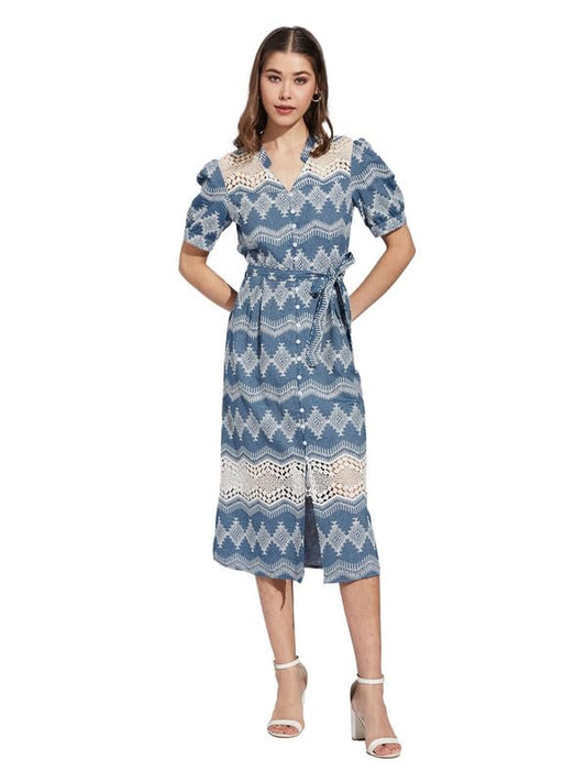 Latin Quarters Women Blue Collar Neck Half Sleeve Printed Shirt Dress_M