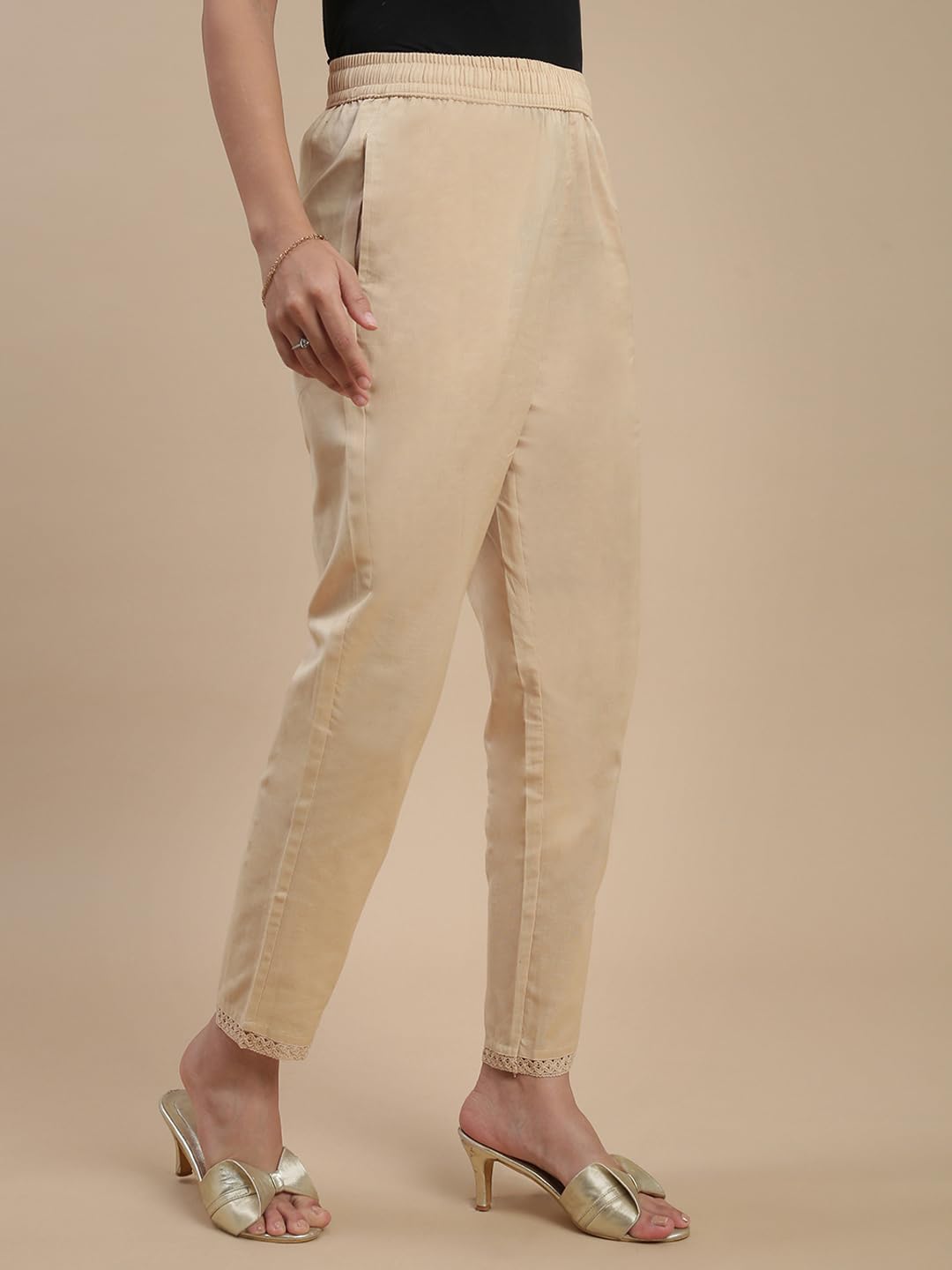 De Moza Women Regular Fit Lace Cigarette Pant - Light Beige | 100% Cotton Flex | Mid Rise | 2 Pockets | Casual & Office Wear
