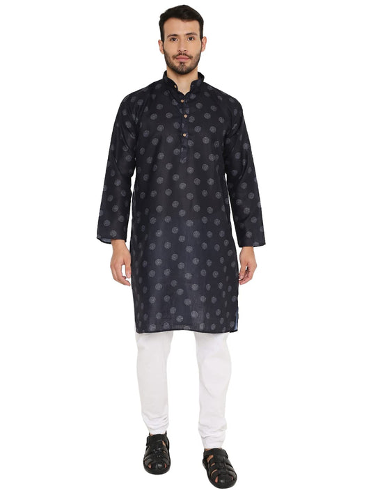 LUCKWIN Linen Regular Fit, Mandarin Collar, Printed Kurta Pyjama Set in Blue for Men [LWKP160-44-2023]