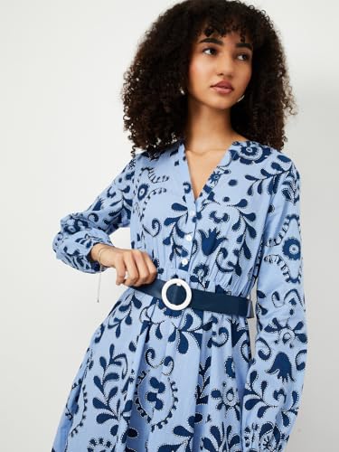 Max Kalki x Max Women Printed Belted Shirt Dress(Blue_XS)