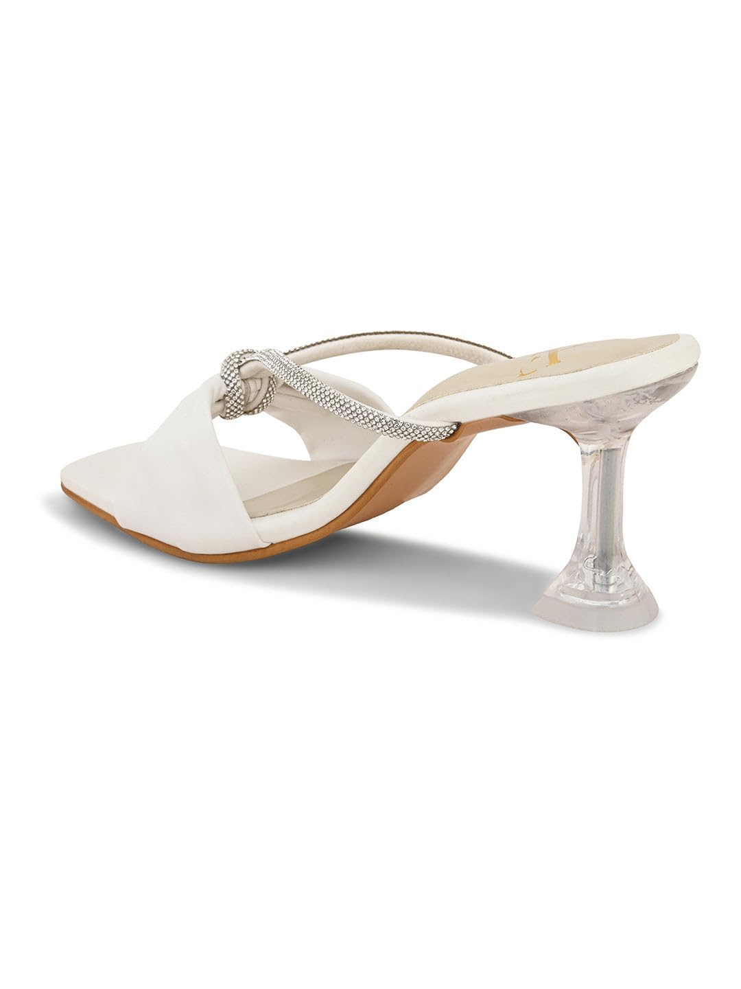 XE Looks Women's White Stylish Knot Bow Slip-On Sandals | Crystal Embellished Straps with Clear Heels | Rhinestone Strap With Transparent Block Heels For Girls & Women