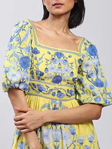 Label RITU KUMAR Yellow Floral Print Midi Dress